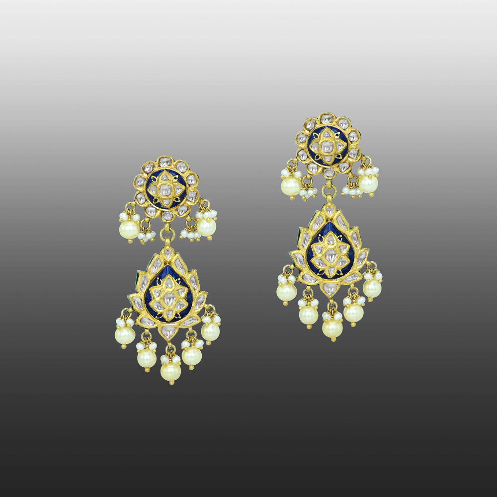 Drop Earrings with Blue Enamel and Pearls